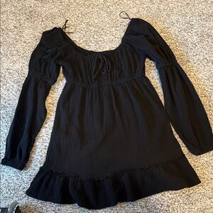 Black Gauze-Textured Long Sleeve Mini Dress